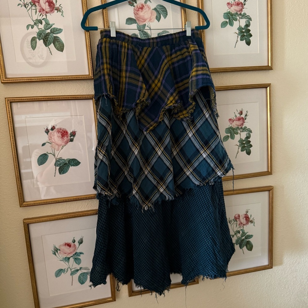 Listicle Blue and Mustard Layered Plaid Maxi Skirt